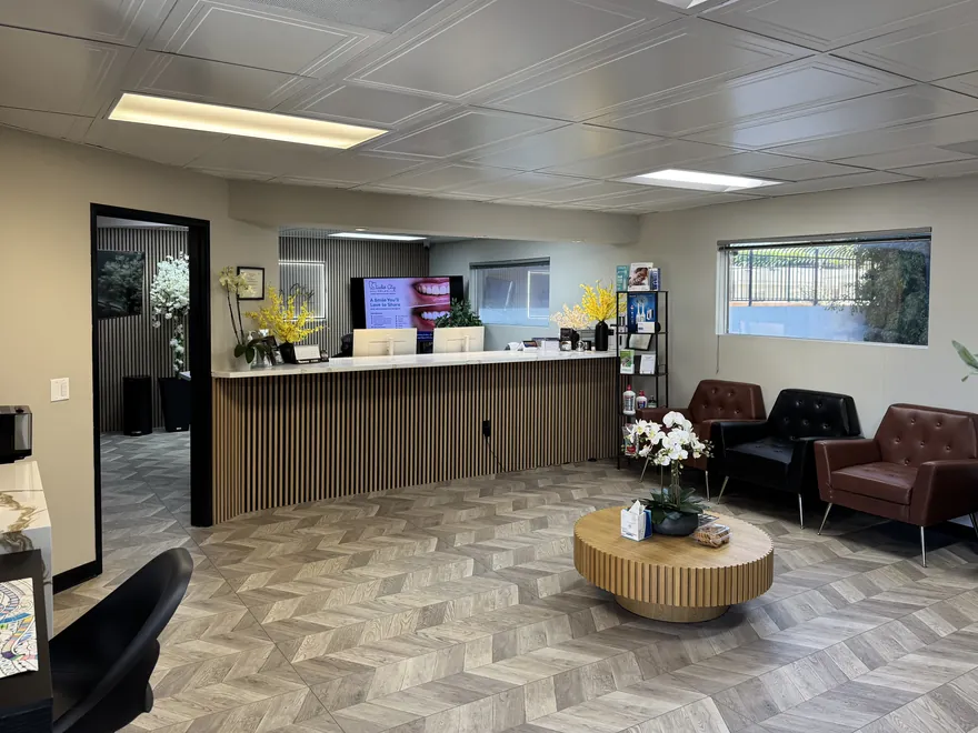 Reception and waiting area at Studio City Smiles